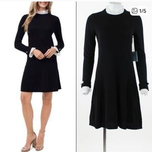 CeCe Black Long Sleeve Dress with White Accents
